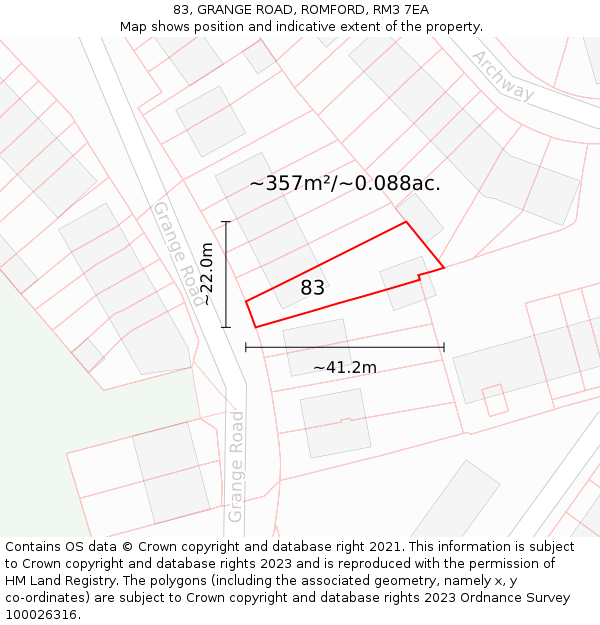 83, GRANGE ROAD, ROMFORD, RM3 7EA: Plot and title map