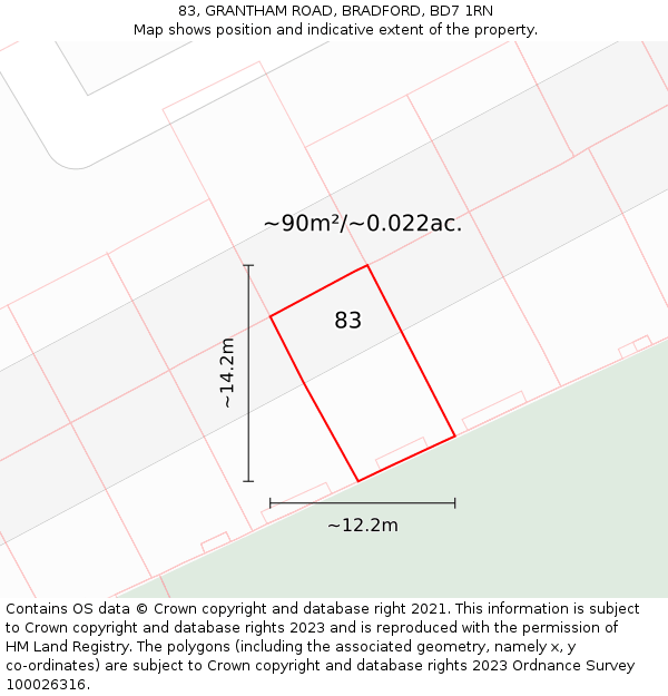 83, GRANTHAM ROAD, BRADFORD, BD7 1RN: Plot and title map