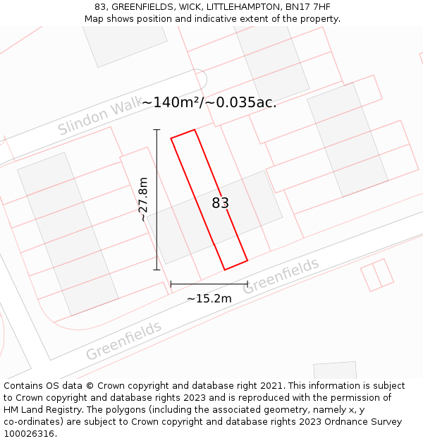 83, GREENFIELDS, WICK, LITTLEHAMPTON, BN17 7HF: Plot and title map