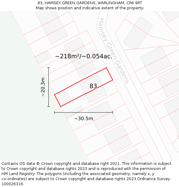 83, HAMSEY GREEN GARDENS, WARLINGHAM, CR6 9RT: Plot and title map