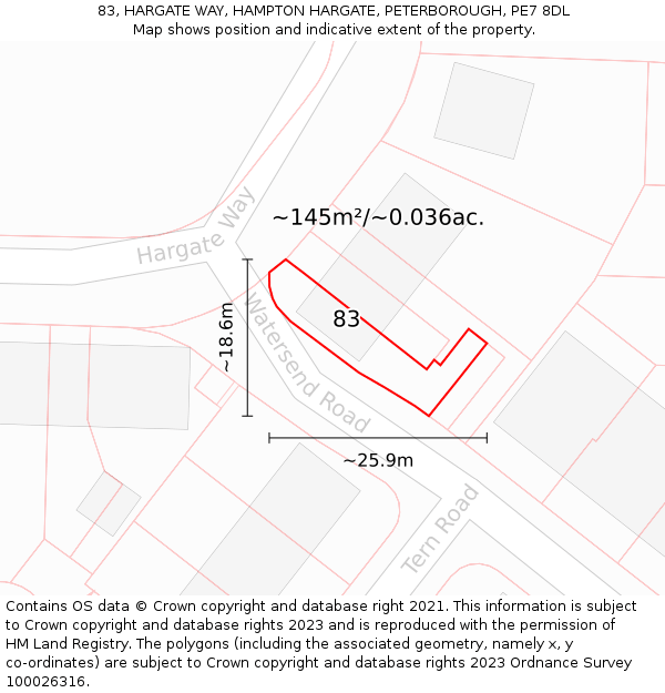 83, HARGATE WAY, HAMPTON HARGATE, PETERBOROUGH, PE7 8DL: Plot and title map