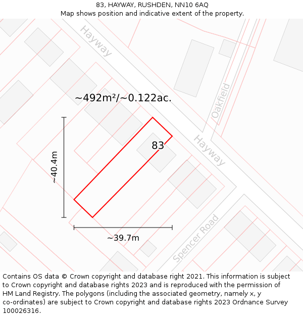 83, HAYWAY, RUSHDEN, NN10 6AQ: Plot and title map