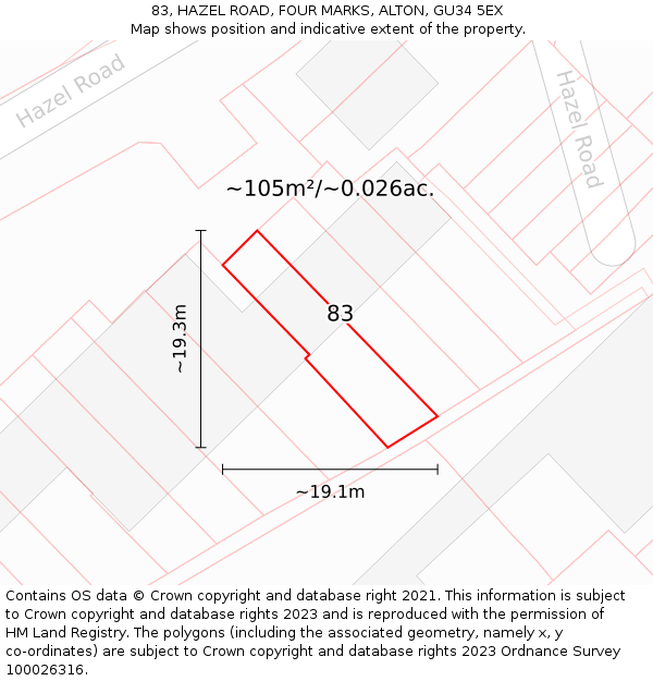 83, HAZEL ROAD, FOUR MARKS, ALTON, GU34 5EX: Plot and title map