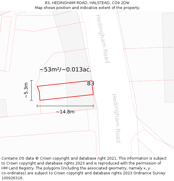83, HEDINGHAM ROAD, HALSTEAD, CO9 2DW: Plot and title map