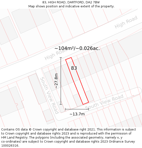 83, HIGH ROAD, DARTFORD, DA2 7BW: Plot and title map