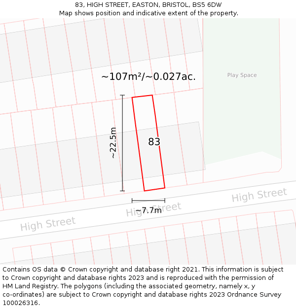 83, HIGH STREET, EASTON, BRISTOL, BS5 6DW: Plot and title map