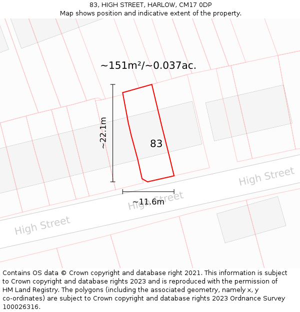 83, HIGH STREET, HARLOW, CM17 0DP: Plot and title map