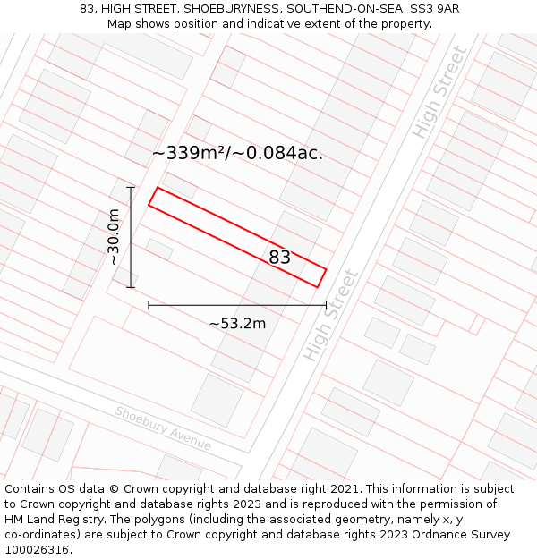 83, HIGH STREET, SHOEBURYNESS, SOUTHEND-ON-SEA, SS3 9AR: Plot and title map