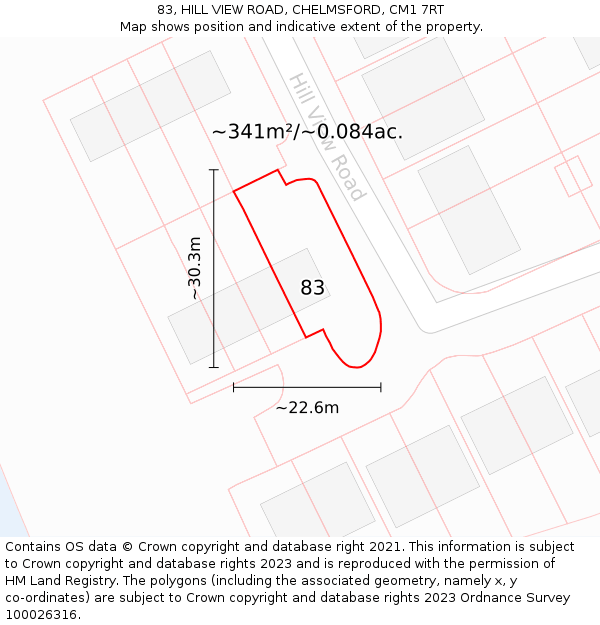83, HILL VIEW ROAD, CHELMSFORD, CM1 7RT: Plot and title map