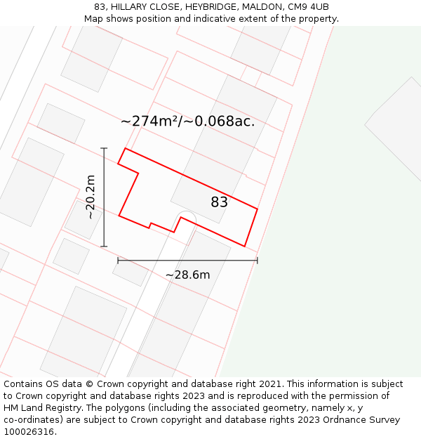 83, HILLARY CLOSE, HEYBRIDGE, MALDON, CM9 4UB: Plot and title map