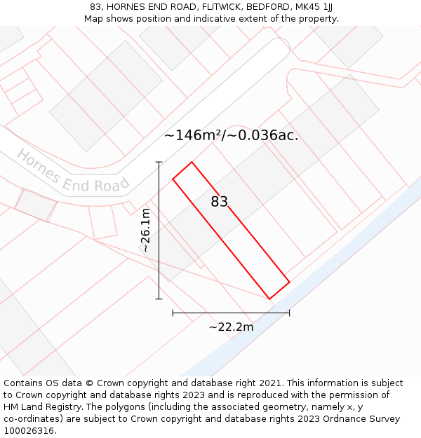 83, HORNES END ROAD, FLITWICK, BEDFORD, MK45 1JJ: Plot and title map