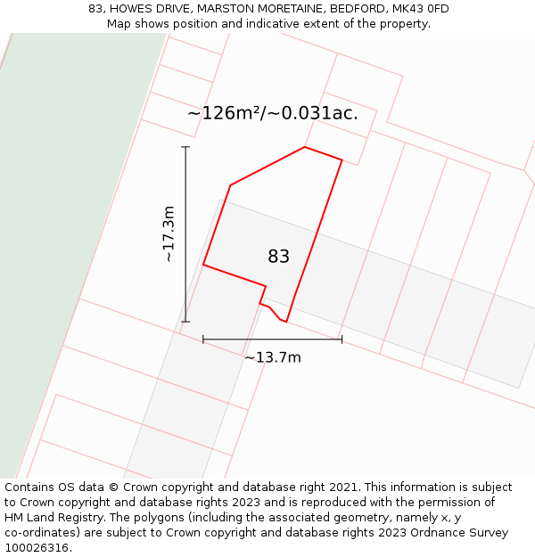83, HOWES DRIVE, MARSTON MORETAINE, BEDFORD, MK43 0FD: Plot and title map