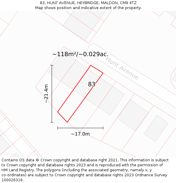 83, HUNT AVENUE, HEYBRIDGE, MALDON, CM9 4TZ: Plot and title map