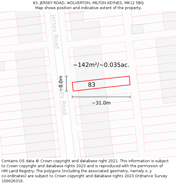 83, JERSEY ROAD, WOLVERTON, MILTON KEYNES, MK12 5BQ: Plot and title map