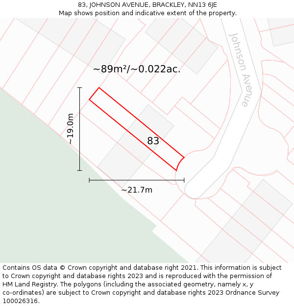 83, JOHNSON AVENUE, BRACKLEY, NN13 6JE: Plot and title map