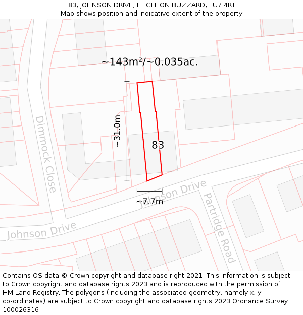 83, JOHNSON DRIVE, LEIGHTON BUZZARD, LU7 4RT: Plot and title map