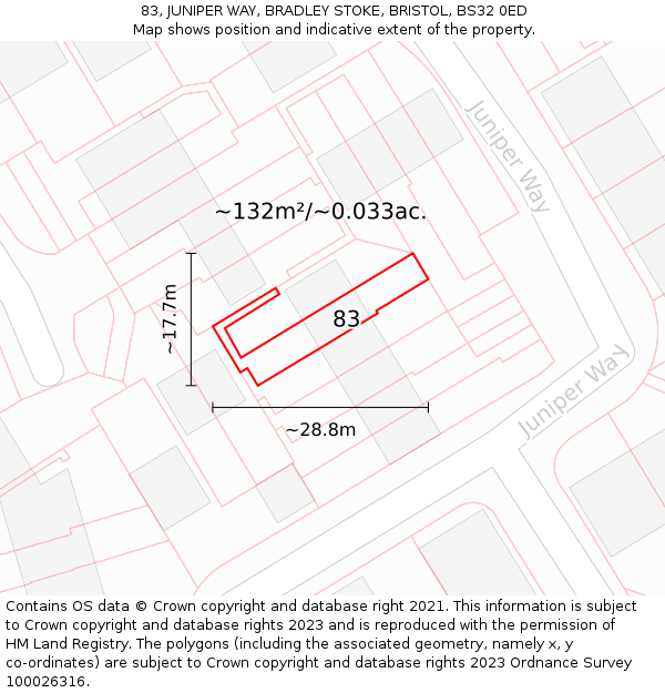 83, JUNIPER WAY, BRADLEY STOKE, BRISTOL, BS32 0ED: Plot and title map