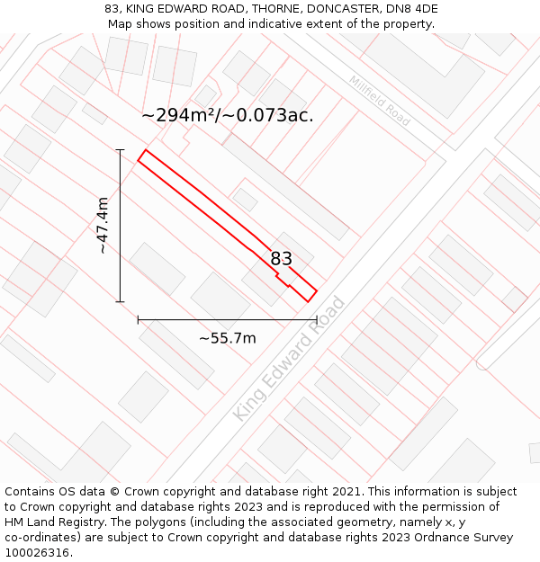 83, KING EDWARD ROAD, THORNE, DONCASTER, DN8 4DE: Plot and title map