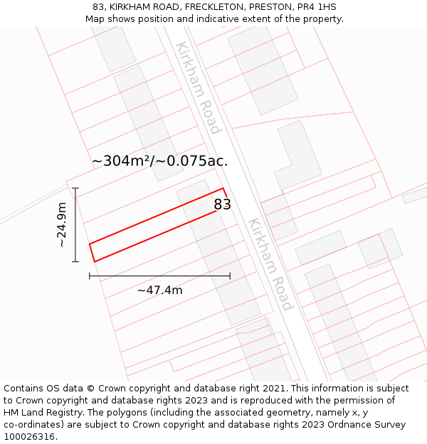 83, KIRKHAM ROAD, FRECKLETON, PRESTON, PR4 1HS: Plot and title map