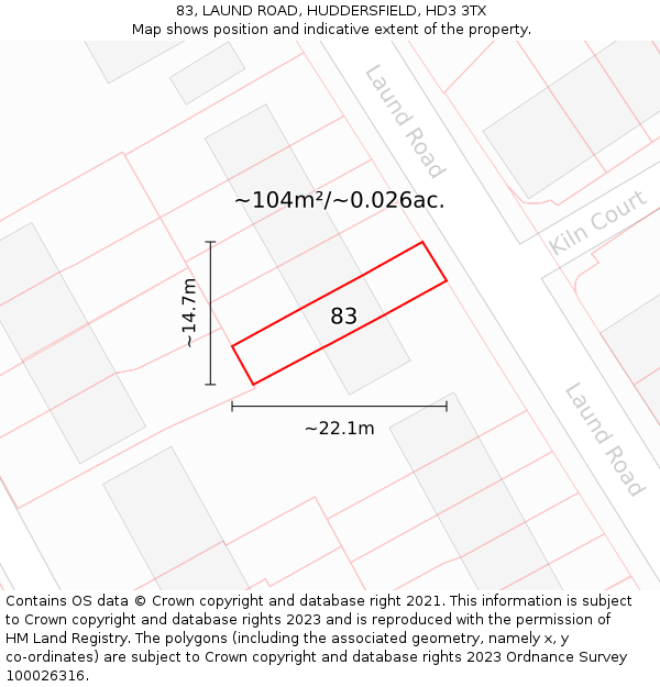 83, LAUND ROAD, HUDDERSFIELD, HD3 3TX: Plot and title map