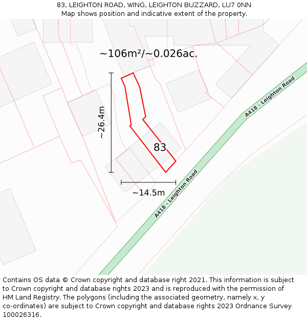 83, LEIGHTON ROAD, WING, LEIGHTON BUZZARD, LU7 0NN: Plot and title map