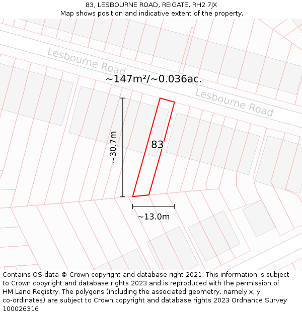 83, LESBOURNE ROAD, REIGATE, RH2 7JX: Plot and title map