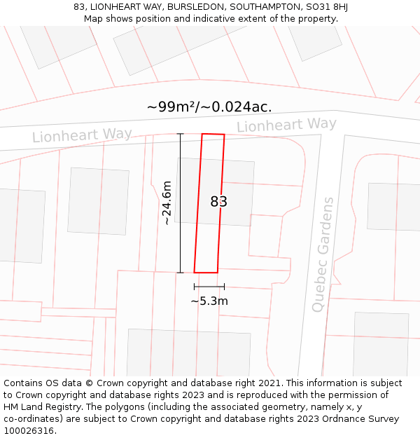83, LIONHEART WAY, BURSLEDON, SOUTHAMPTON, SO31 8HJ: Plot and title map