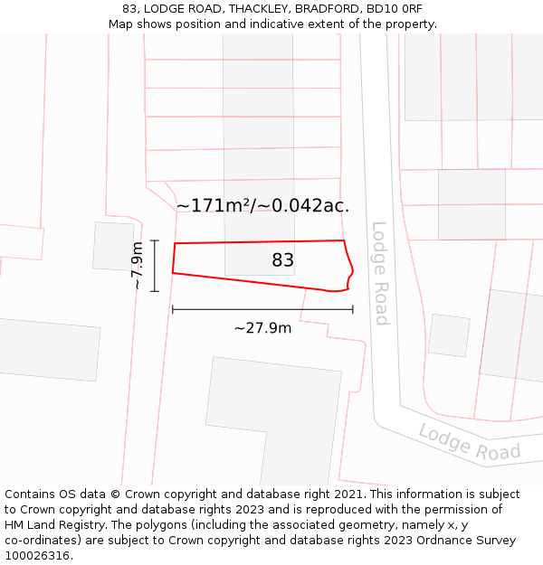 83, LODGE ROAD, THACKLEY, BRADFORD, BD10 0RF: Plot and title map