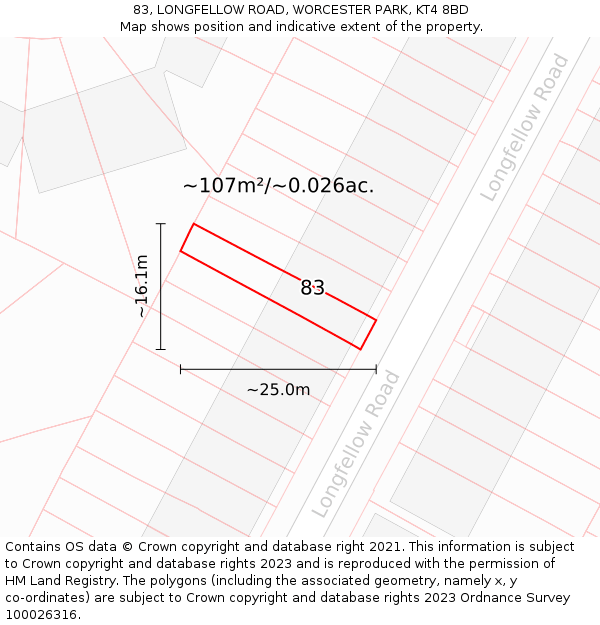 83, LONGFELLOW ROAD, WORCESTER PARK, KT4 8BD: Plot and title map