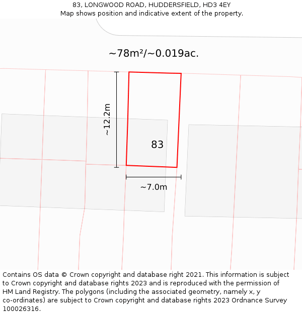 83, LONGWOOD ROAD, HUDDERSFIELD, HD3 4EY: Plot and title map