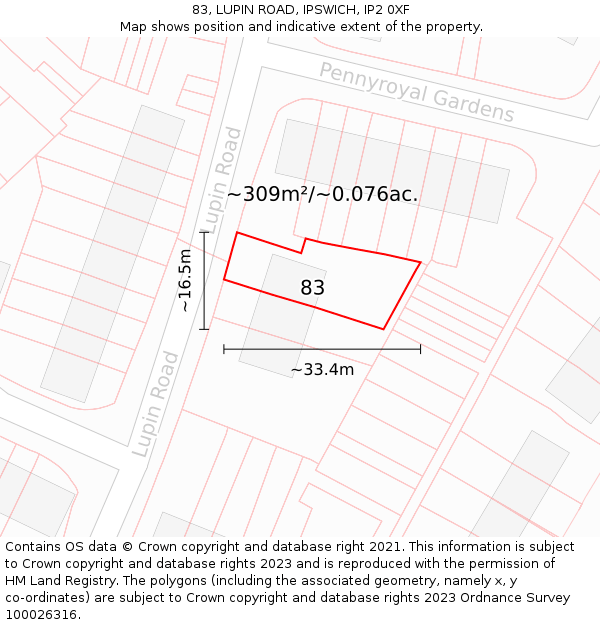 83, LUPIN ROAD, IPSWICH, IP2 0XF: Plot and title map