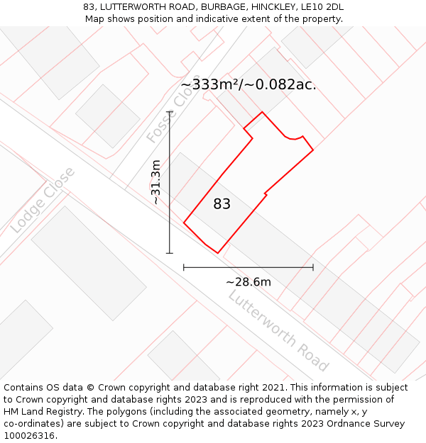 83, LUTTERWORTH ROAD, BURBAGE, HINCKLEY, LE10 2DL: Plot and title map