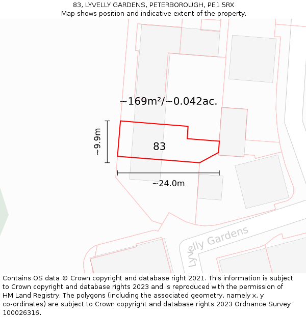 83, LYVELLY GARDENS, PETERBOROUGH, PE1 5RX: Plot and title map