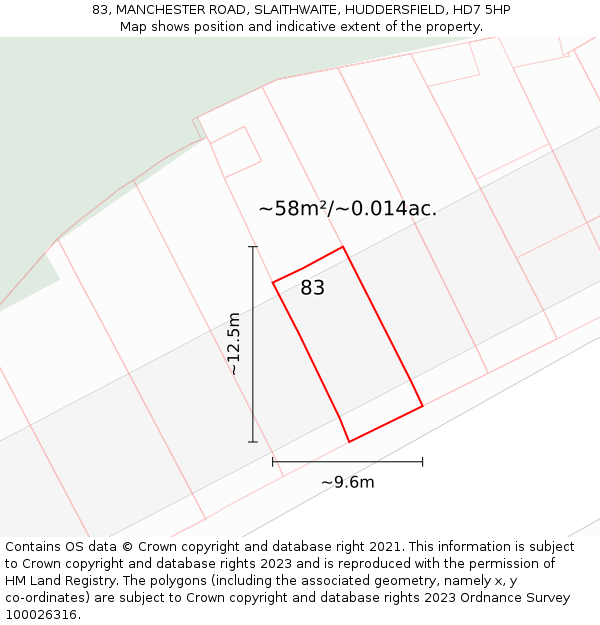 83, MANCHESTER ROAD, SLAITHWAITE, HUDDERSFIELD, HD7 5HP: Plot and title map