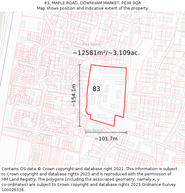 83, MAPLE ROAD, DOWNHAM MARKET, PE38 9QA: Plot and title map