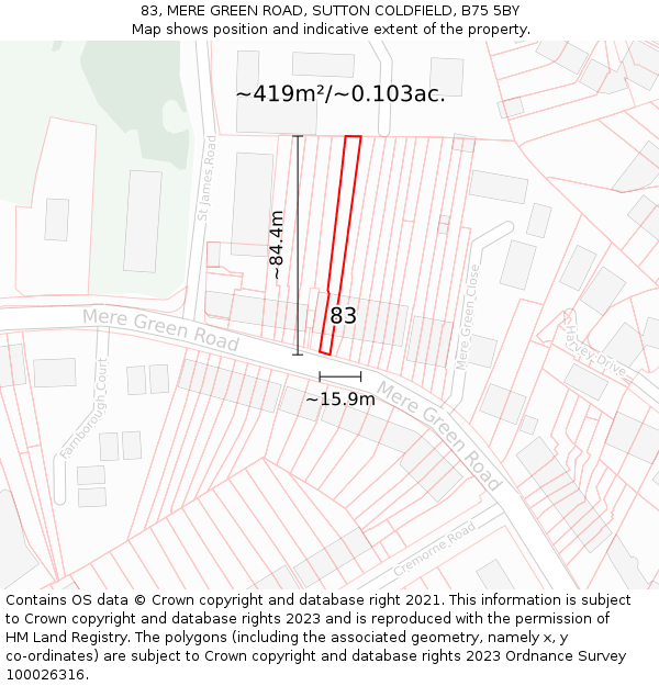 83, MERE GREEN ROAD, SUTTON COLDFIELD, B75 5BY: Plot and title map
