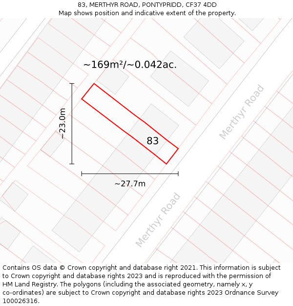 83, MERTHYR ROAD, PONTYPRIDD, CF37 4DD: Plot and title map