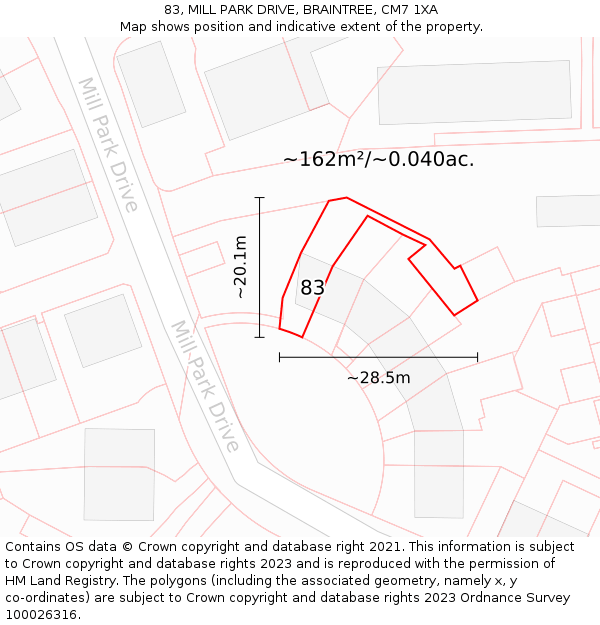 83, MILL PARK DRIVE, BRAINTREE, CM7 1XA: Plot and title map
