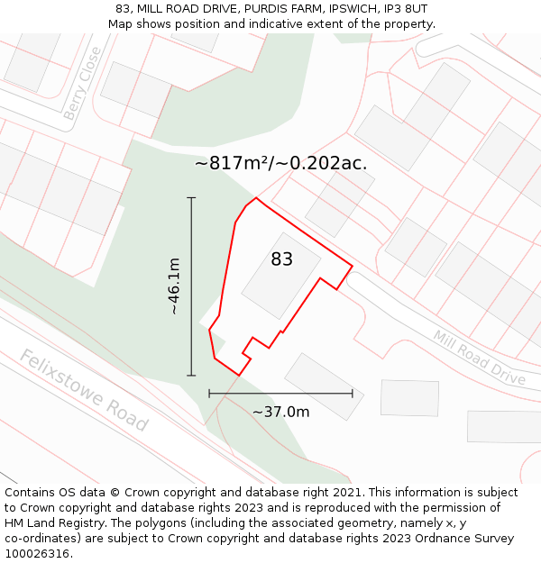 83, MILL ROAD DRIVE, PURDIS FARM, IPSWICH, IP3 8UT: Plot and title map