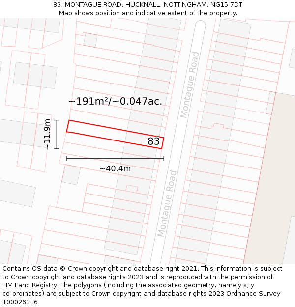 83, MONTAGUE ROAD, HUCKNALL, NOTTINGHAM, NG15 7DT: Plot and title map