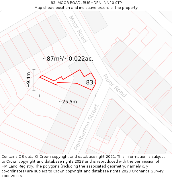 83, MOOR ROAD, RUSHDEN, NN10 9TP: Plot and title map