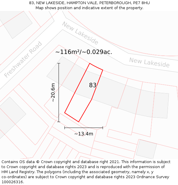 83, NEW LAKESIDE, HAMPTON VALE, PETERBOROUGH, PE7 8HU: Plot and title map