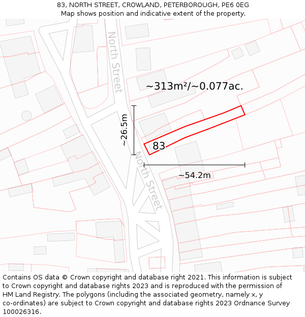 83, NORTH STREET, CROWLAND, PETERBOROUGH, PE6 0EG: Plot and title map