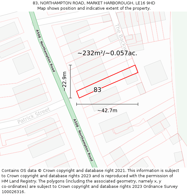 83, NORTHAMPTON ROAD, MARKET HARBOROUGH, LE16 9HD: Plot and title map