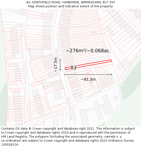 83, NORTHFIELD ROAD, HARBORNE, BIRMINGHAM, B17 0ST: Plot and title map
