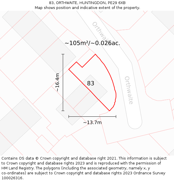 83, ORTHWAITE, HUNTINGDON, PE29 6XB: Plot and title map