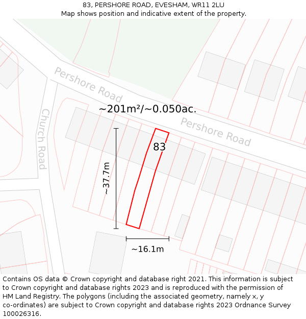 83, PERSHORE ROAD, EVESHAM, WR11 2LU: Plot and title map