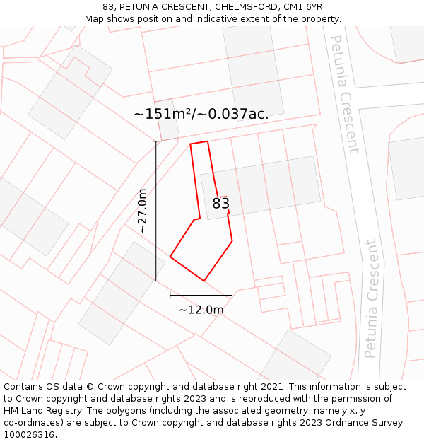 83, PETUNIA CRESCENT, CHELMSFORD, CM1 6YR: Plot and title map