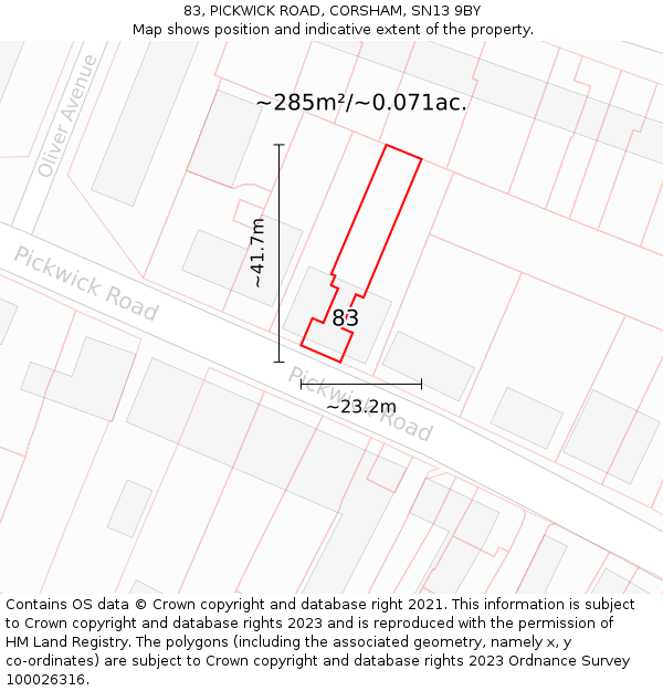 83, PICKWICK ROAD, CORSHAM, SN13 9BY: Plot and title map