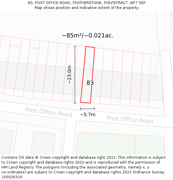 83, POST OFFICE ROAD, FEATHERSTONE, PONTEFRACT, WF7 5EP: Plot and title map